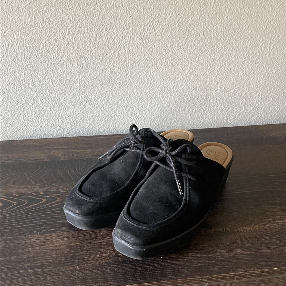 Naturalizer as Black Suede Slip-On Mules with Lace Detail